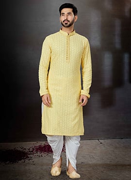 Lemon Yellow Cotton Lucknowi Embroidery Kurta Pyjama