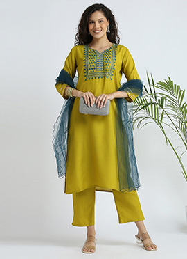 Lemon Yellow Cotton Thread Embroidered Straight Pant Suit