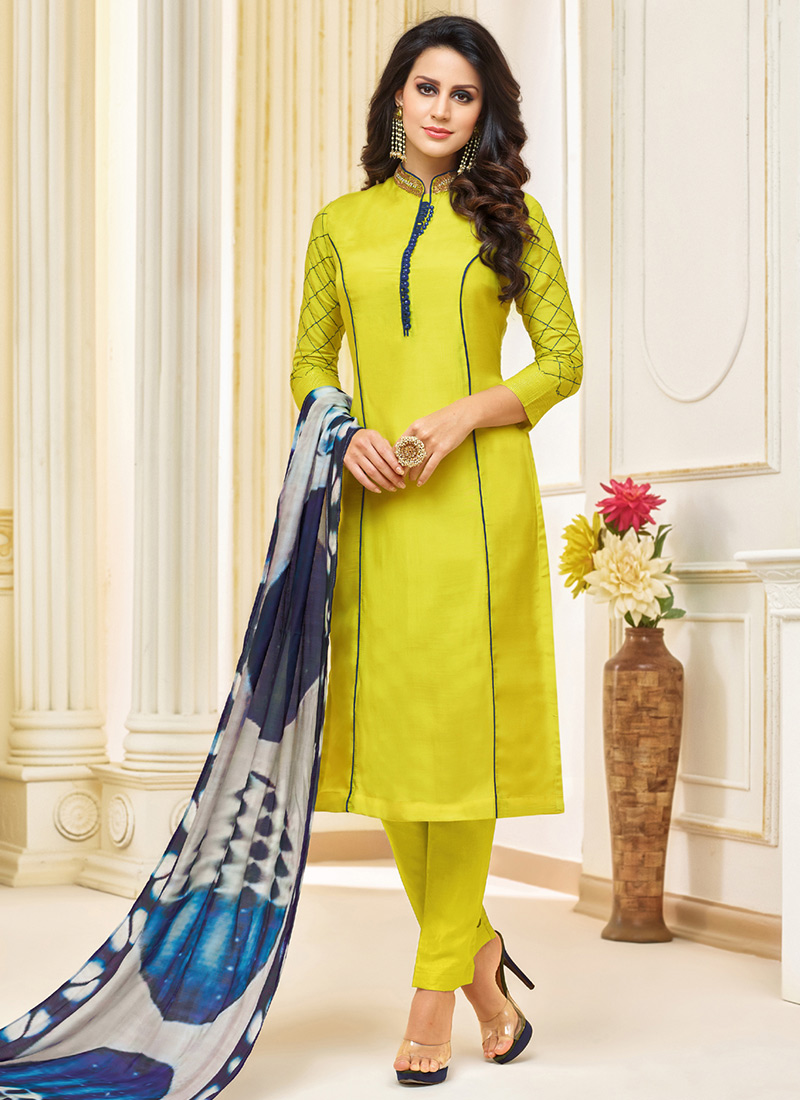 Buy Lemon Yellow Embroidered Straight Pant Suit, Embroidered , Chanderi