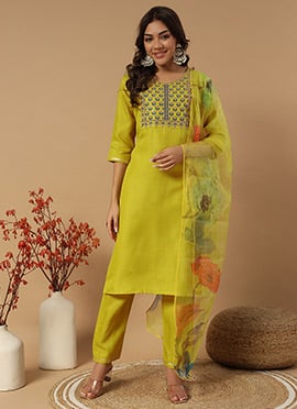 Lemon Yellow Embroidered Straight Pant Suit With Digital Print Dupatta