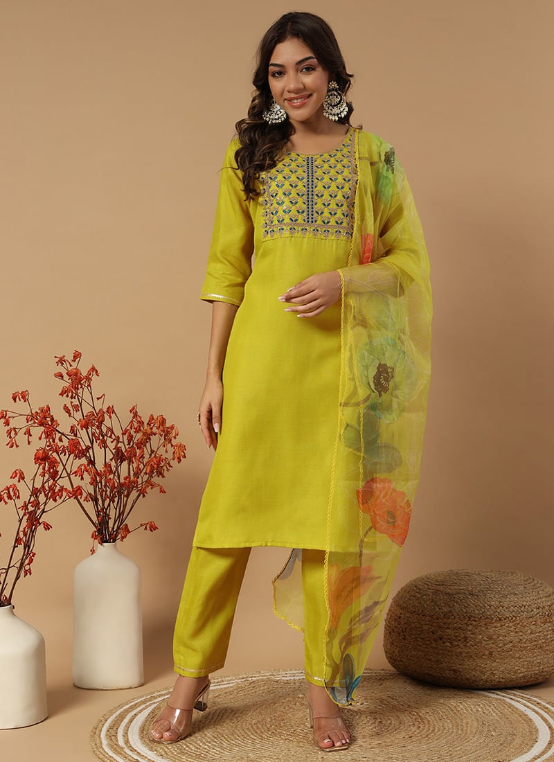Lemon Yellow Embroidered Straight Pant Suit With Digital Print Dupatta After Six Wear