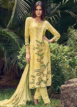 Lemon Yellow Floral Muslin Digital Print Straight Pant Suit