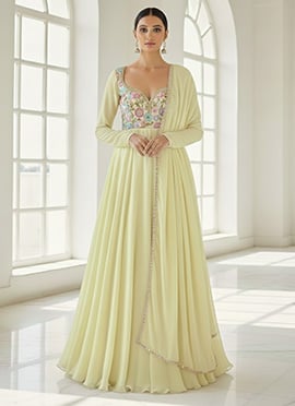 Lemon Yellow Georgette Resham Sequins Stones Anarkali Suit