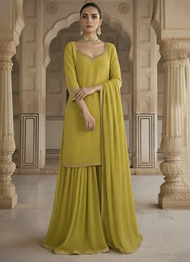 Lemon Yellow Georgette Zari Sequins Sharara Suit