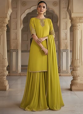 Lemon Yellow Georgette Zari Sequins With Stone Work Palazzo Suit