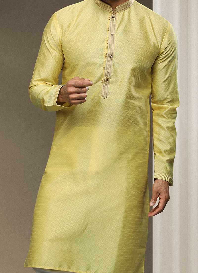 Yellow Elegant Cotton Embroidered Kurta Pyjama- Rent main image 0