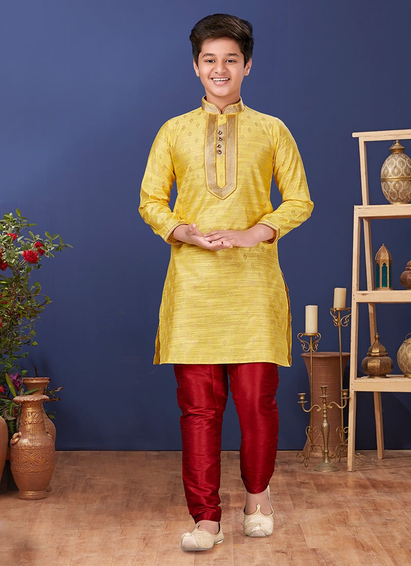 Lemon Yellow Jacquard Silk Kurta Pyjama