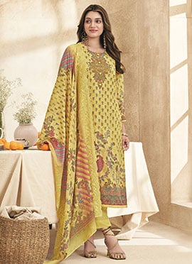 Lemon Yellow Lawn Cotton Thread Embroidered And Digital Print Straight Pant Suit