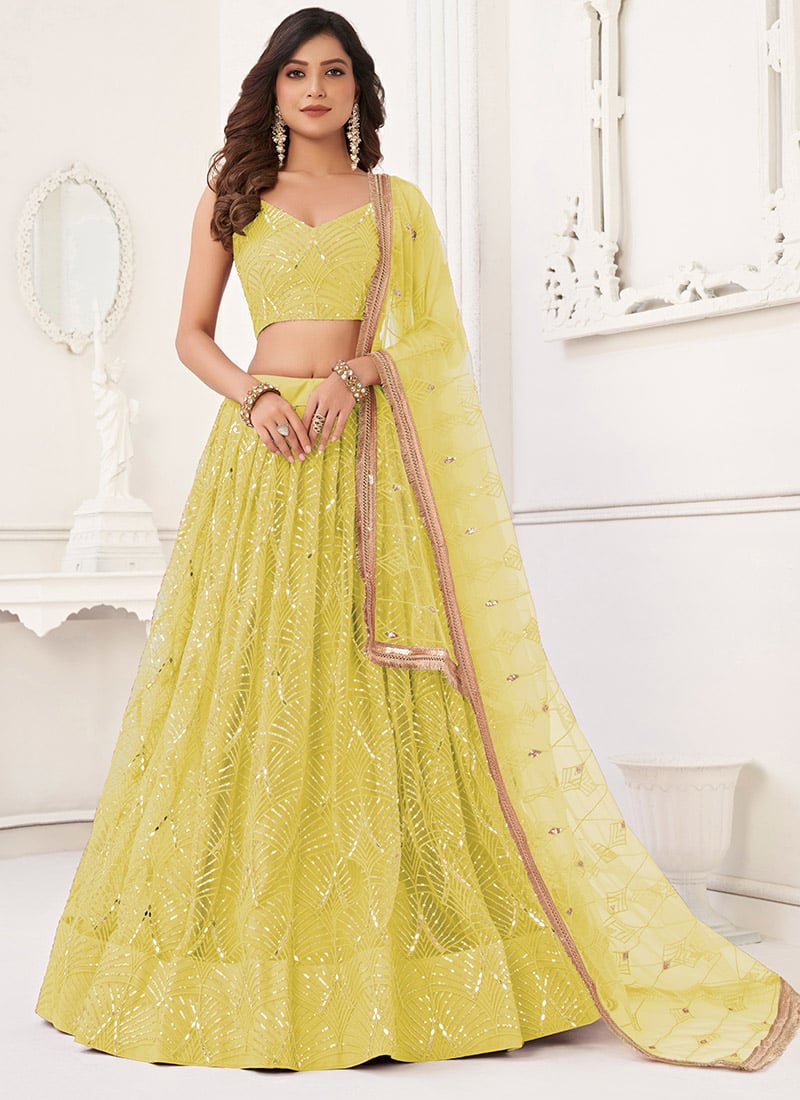 Lemon Yellow Net Sequins Embroidered Mirror Work Lehenga Wedding Wear