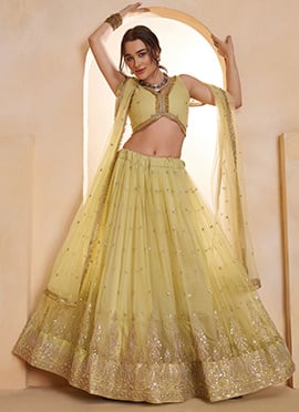 Lemon Yellow Net Zari Embroidered Sequins Beads Lehenga