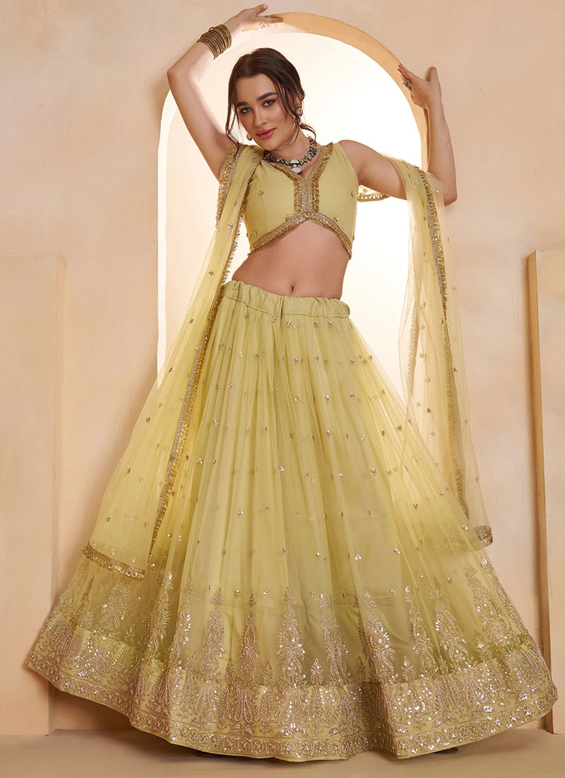 Lemon Yellow Net Zari Embroidered Sequins Beads Lehenga Wedding Wear