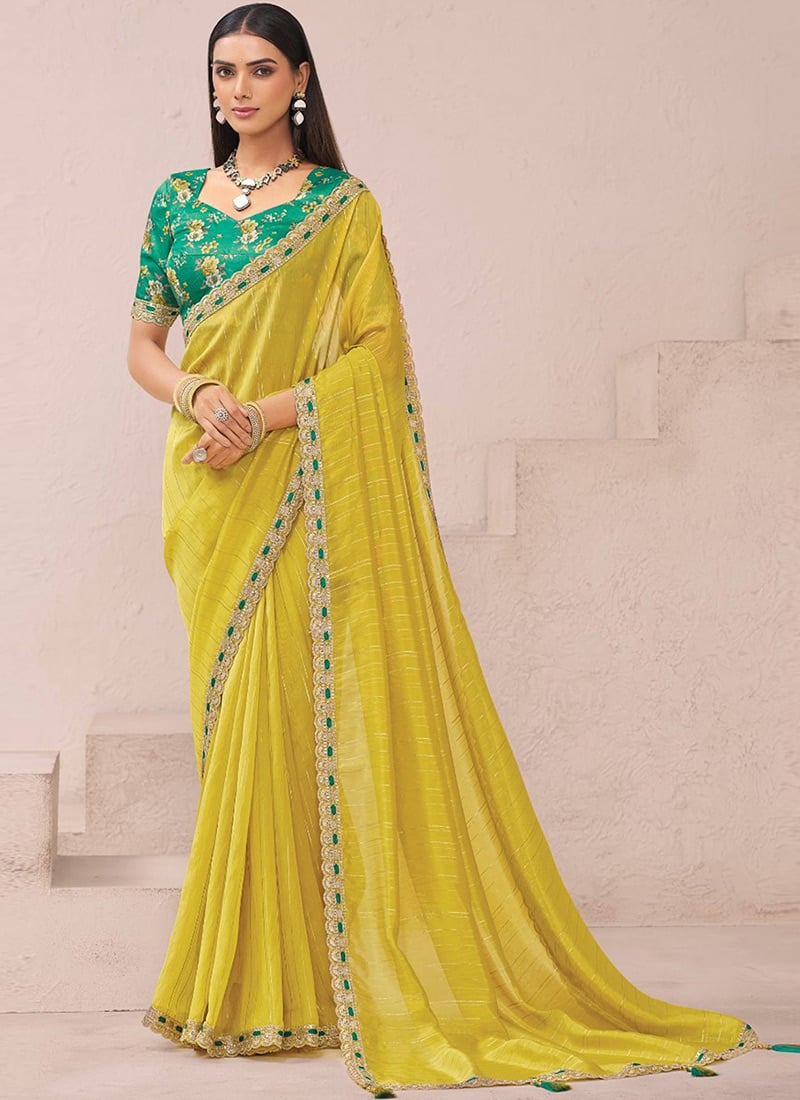 Lemon Yellow Organza Embroidered Sequins Saree With Digital Print Blouse Festive Wear