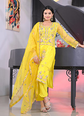 Lemon Yellow Organza Embroidered Sequins Straight Pant Suit