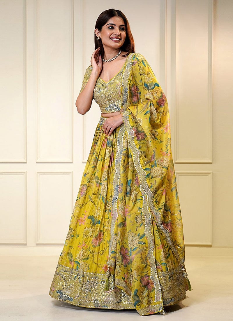 Lemon Yellow Organza Printed Zari Sequins Lehenga For Timeless Style Festive Wear