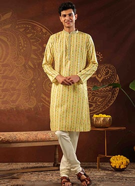 Lemon Yellow Silk Digital Print Embroidered Sequins Kurta Pyjama