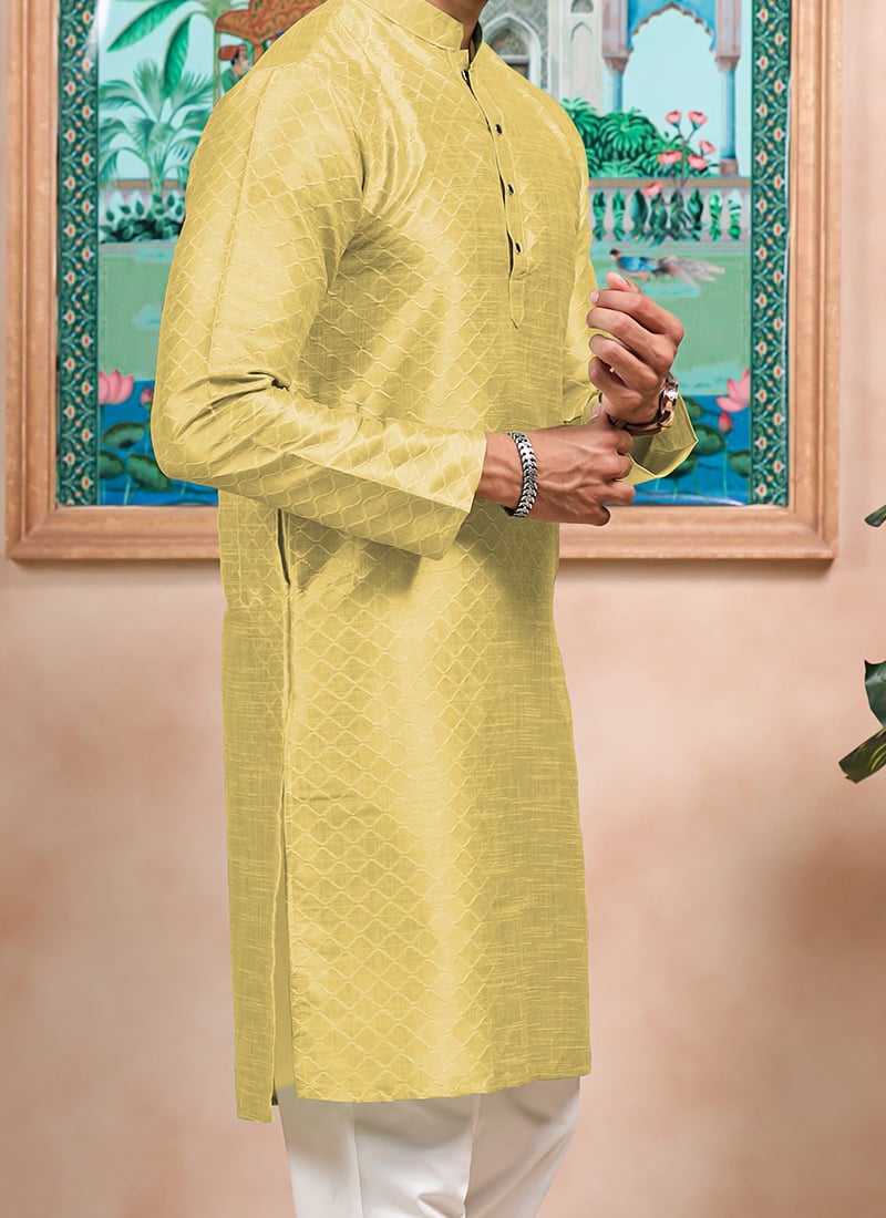 Buy Lemon Yellow Silk Embroidered Kurta Pyjama For Men Festive Wear ...