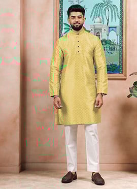 Lemon Yellow Silk Embroidered Kurta Pyjama For Men