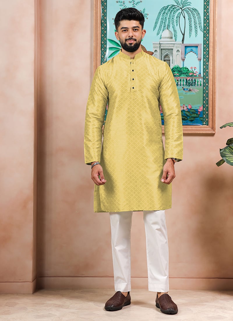 Lemon Yellow Silk Embroidered Kurta Pyjama For Men Festive Wear