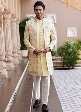 Lemon Yellow Silk Embroidered Sequins Indowestern Sherwani