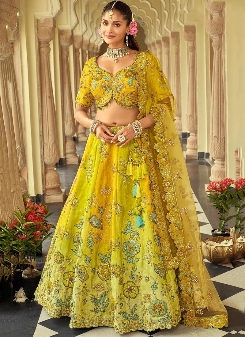 Lemon Yellow Silk Embroidered Sequins Mirror Work Cut Work Stones Thread Umbrella Lehenga Wedding Wear