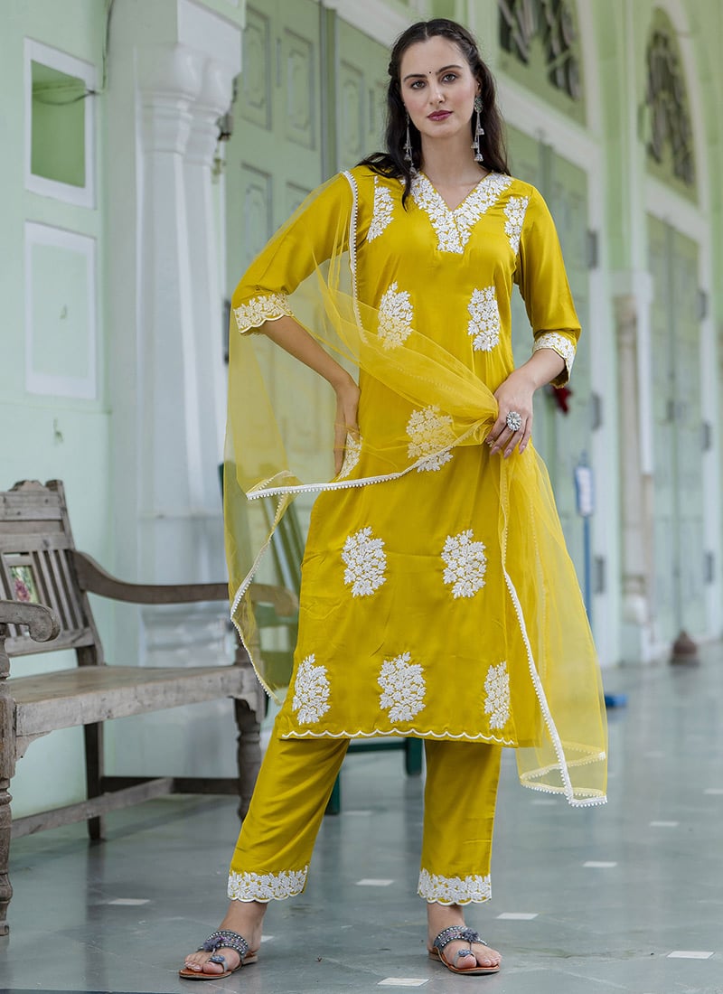 Lemon Yellow Silk Embroidered Straight Pant Suit Festive Wear