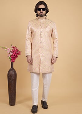 Lemon Yellow Silk Jacquard Indowestern Sherwani