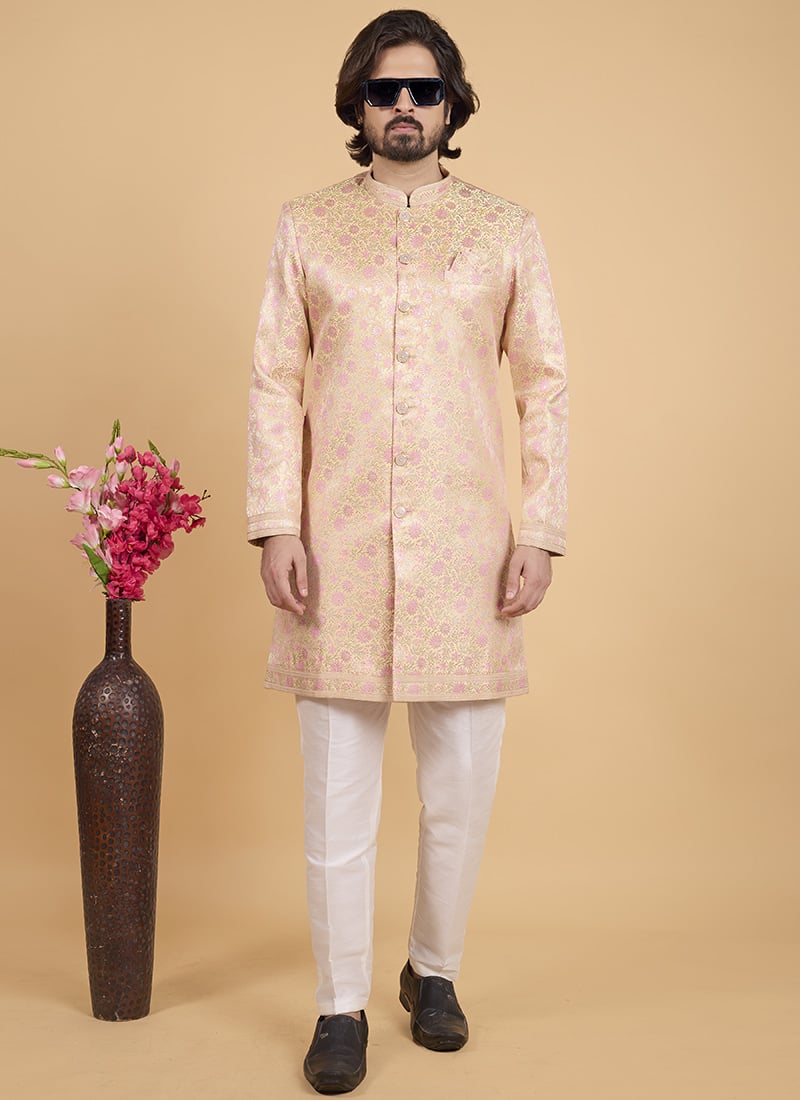 Lemon Yellow Silk Jacquard Indowestern Sherwani Wedding Wear