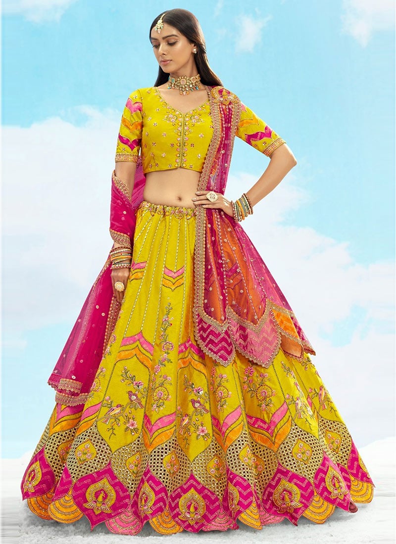 Lemon Yellow Silk Zari Embroidered Sequins Vibrant Lehenga Wedding Wear