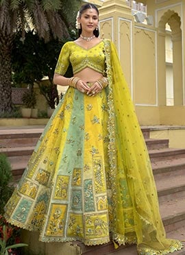 Lemon Yellow Silk Zari Embroidered Sequins With Stone Work Lehenga
