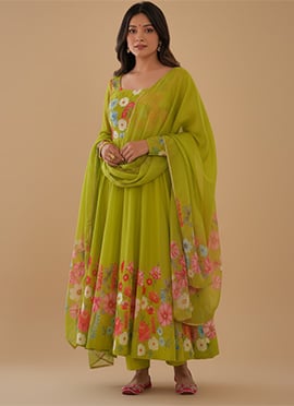 Lemon Yellow Soft Organza Silk Digital Print Anarkali Suit