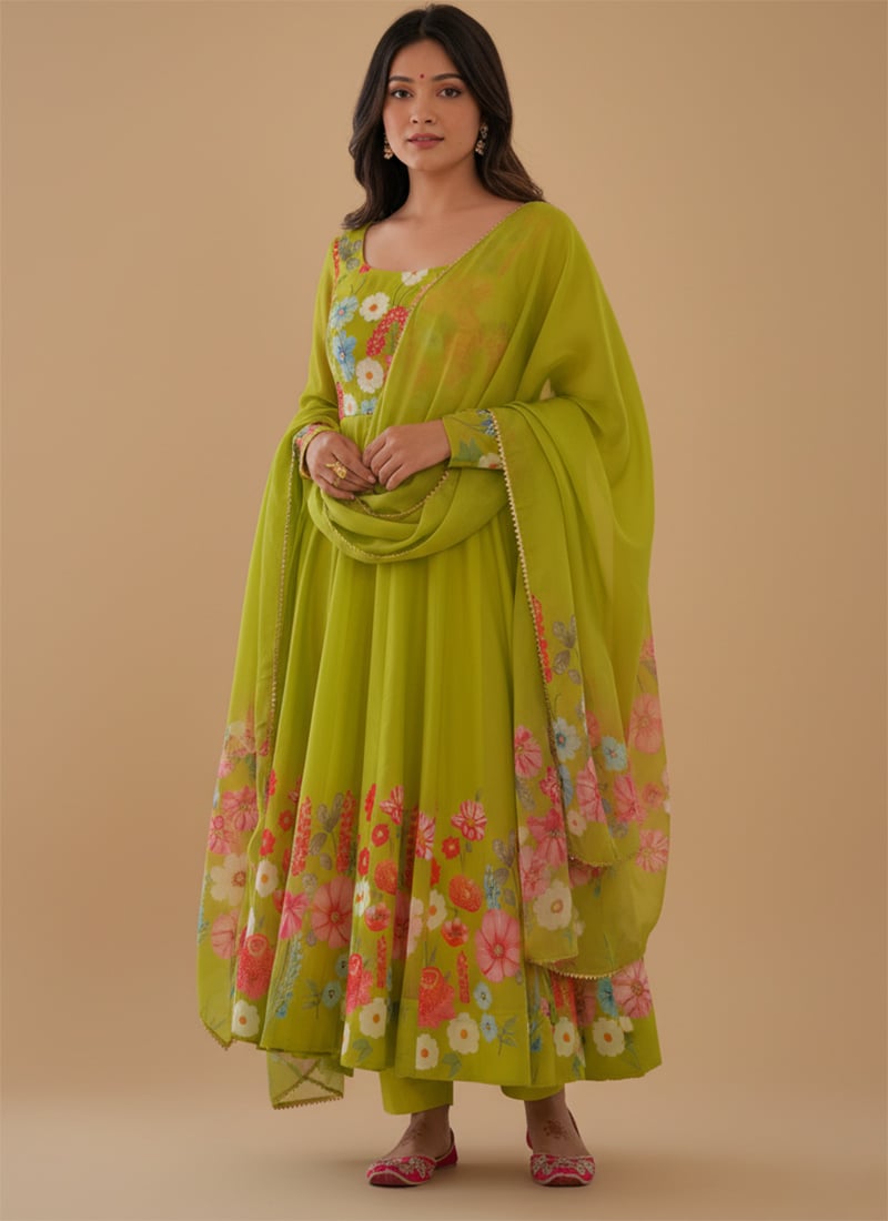 Lemon Yellow Soft Organza Silk Digital Print Anarkali Suit After Six Wear