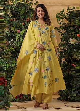 Lemon Yellow Viscose Chanderi Embroidered Anarkali Suit