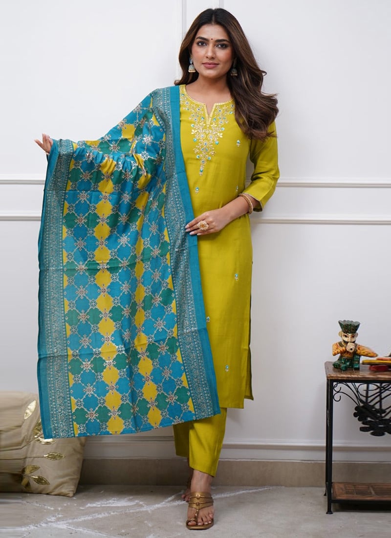 Lemon Yellow Viscose Chanderi Embroidered Straight Pant Suit With Foil Print Dupatta Festive Wear