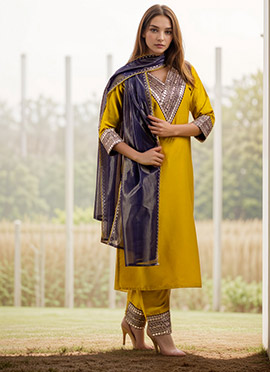 Lemon Yellow Viscose Rayon Embroidered Sequins Straight Pant Suit