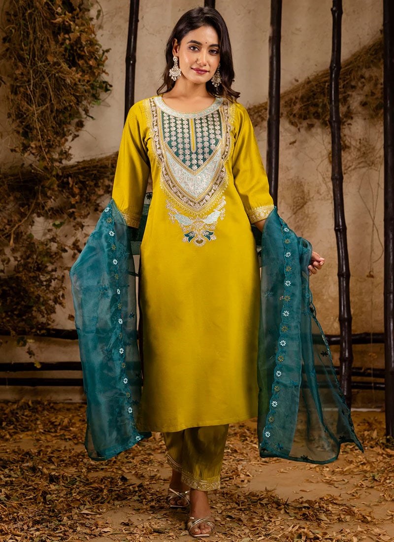 Lemon Yellow Viscose Rayon Embroidered Sequins Straight Pant Suit After Six Wear