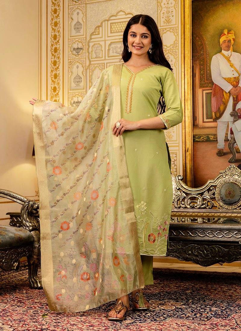 Lemon Yellow Viscose Shimmer Embroidered With Beads Work Straight Pant Suit Festive Wear