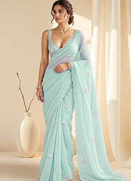Light Aqua Blue Organza Beads Stones Cutdana Hand Embroidered Saree