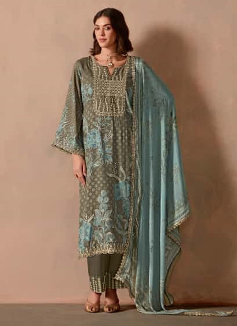 Light Aqua Muslin Digital Printed With Gota Work And Embroidered Straight Pant Suit  Festive Wear