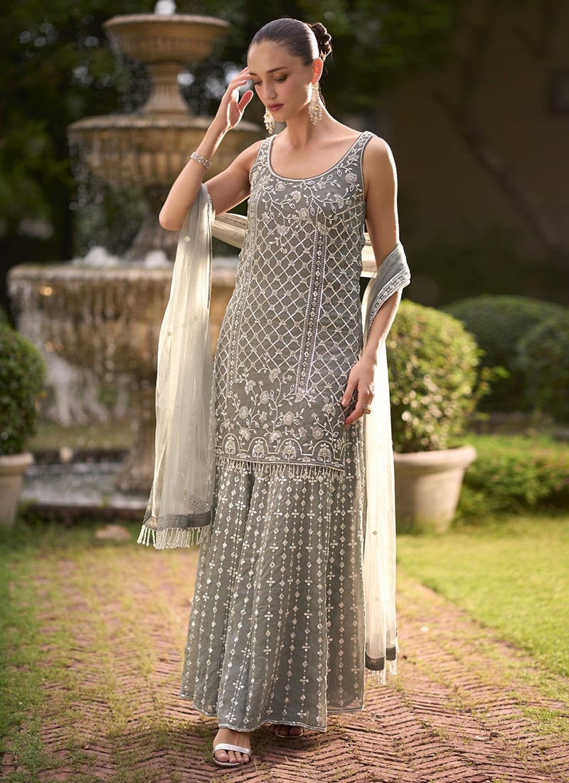 Light Ash Grey Chinon Cutdana Embroidered Sequins Sharara Suit Festive Wear