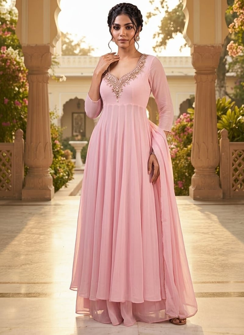 Light Baby Pink Georgette Beads Sequins Zardozi Anarkali Suit After Six Wear