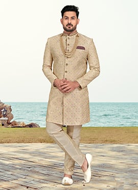 Light Beige Banarasi Silk Embroidered Indowestern Sherwani