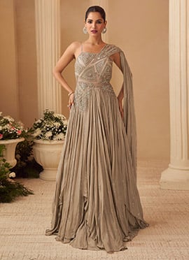Light Beige Chinon One Shoulder Zari Sequins Embellished Flared Designer Gown