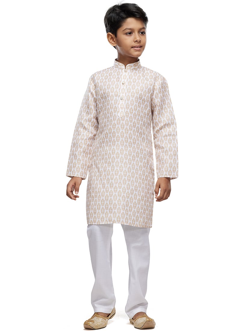 Light Beige Cotton Digital Print Classic Kids Kurta Pyjama For Young Boys