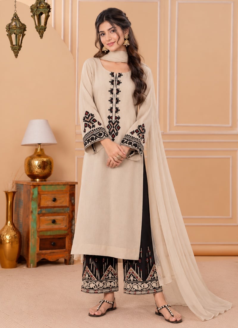 Light Beige Rayon Embroidered Palazzo Suit After Six Wear