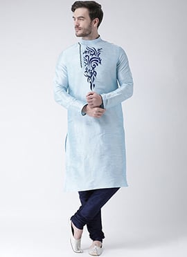 Light Blue Art Dupion Silk Embroidery Kurta Pyjama