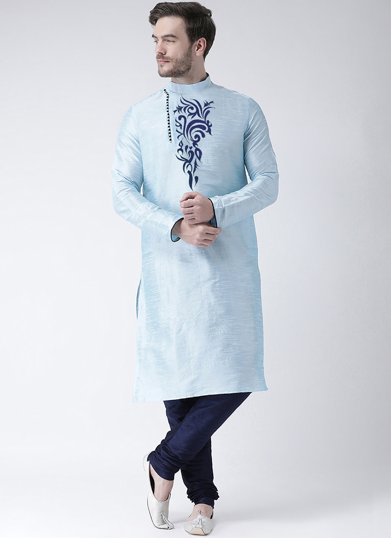 Light Blue Art Dupion Silk Embroidery Kurta Pyjama Party Wear