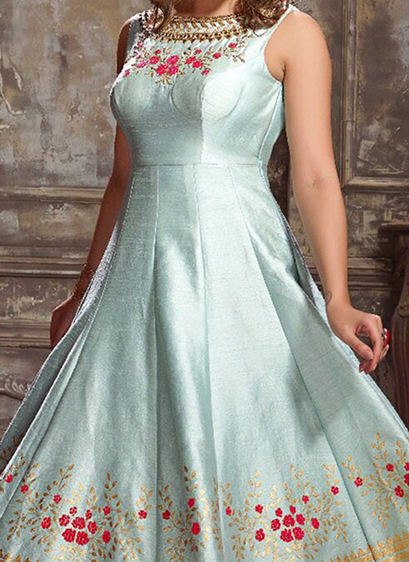Buy Light Blue Art Silk Anarkali Suit, Printed , Embroidered, anarkali