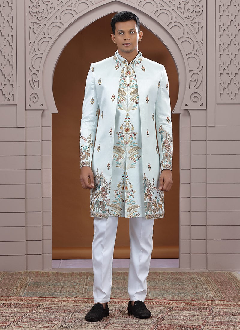 Light Blue Art Silk Embroidered Stones Indowestern Sherwani Wedding Wear