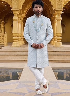 Light Blue Art Silk Hand Embroidered Sherwani