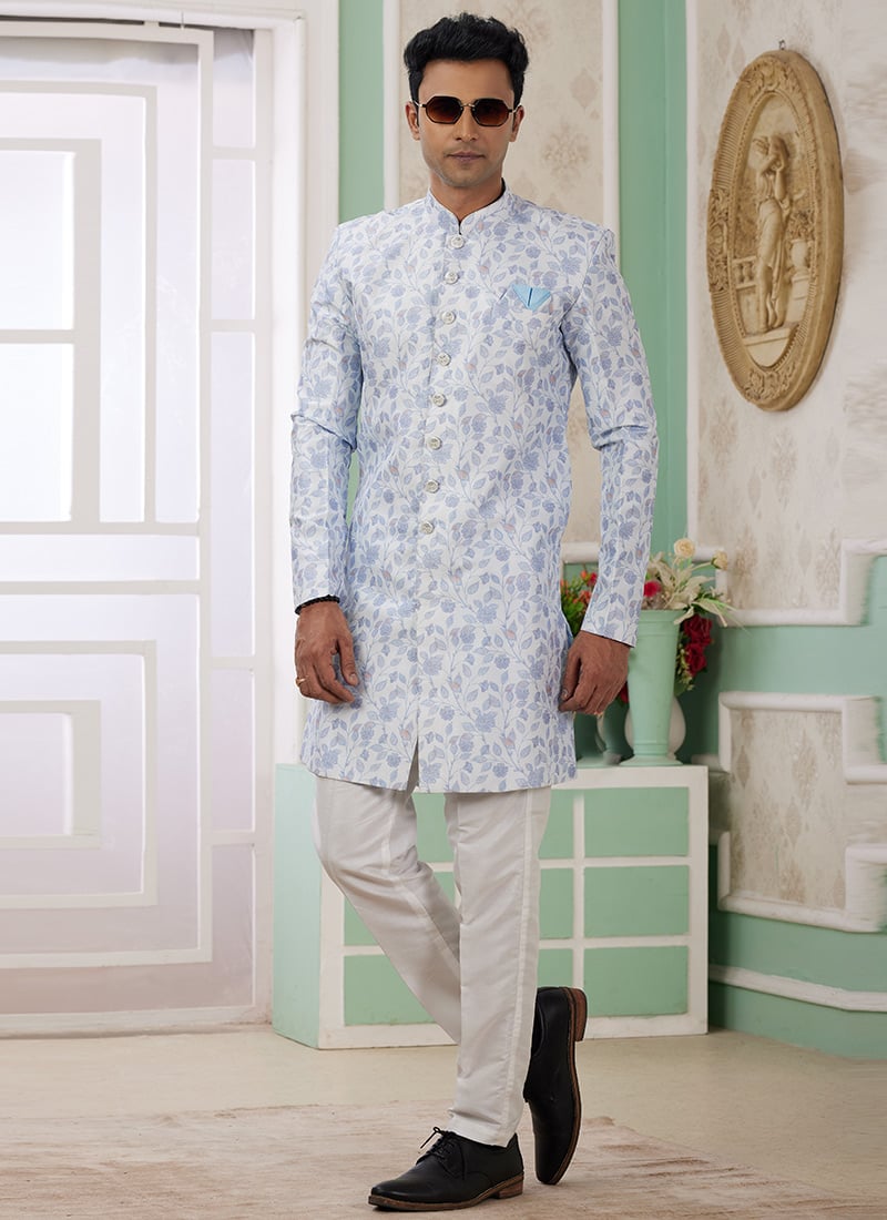 Light Blue Banarasi Jacquard Digital Print Indowestern Sherwani Festive Wear